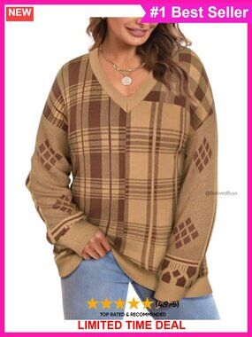 Plus Size Cable Knit V-Neck Sweater Long Sleeve Pullover